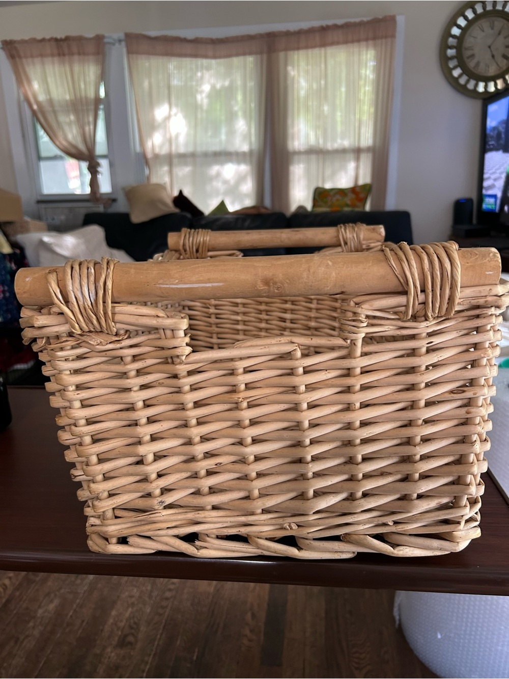 Woven Rattan large basket in Natural Tan 17 half by 12 1/2 x 9 1/2“ small stain